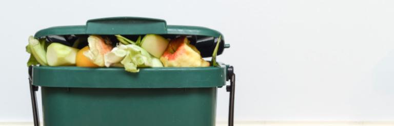 A green food waste bin with food in it