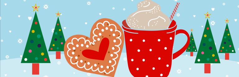 Christmas in Surrey Heath logo with hot chocolate, biscuit and Christmas trees