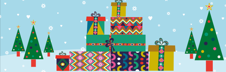 Christmas in Surrey Heath logo with gifts and Christmas trees