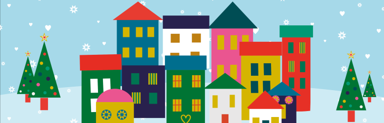 Christmas in Surrey Heath logo with different coloured buildings and Christmas trees