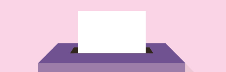 Light pink background, purple ballot box with white paper sticking out of the slot.