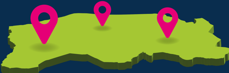 decorative map with 3 pink location pins