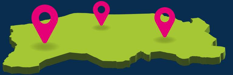 map representing Surrey Heath with pink location pins in it