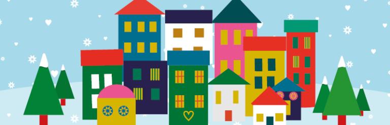 Winter in Surrey Heath logo and multicoloured buildings in front of a snowy, blue background