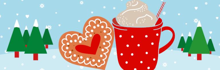 Winter in Surrey Heath logo, hot drink and biscuit in front of a blue, snowy background