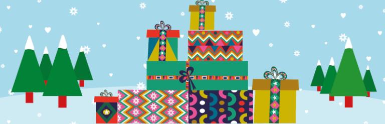 Winter in Surrey Heath logo gifts in front of a snowy blue background