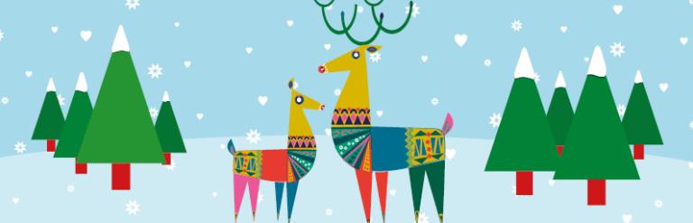 winter in Surrey Heath logo, reindeers and trees in front of a blue, snowy background