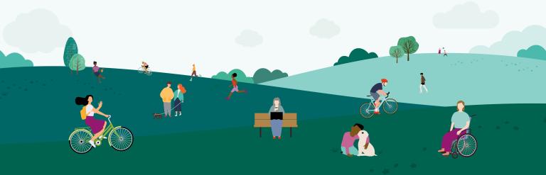 Animation of rolling hills and a diverse group of people enjoying the space