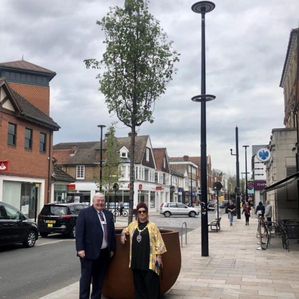 The Mayor of Surrey Heath, Cllr Sarah Jane Croke and Cllr Robin Perry with one of the new trees. 