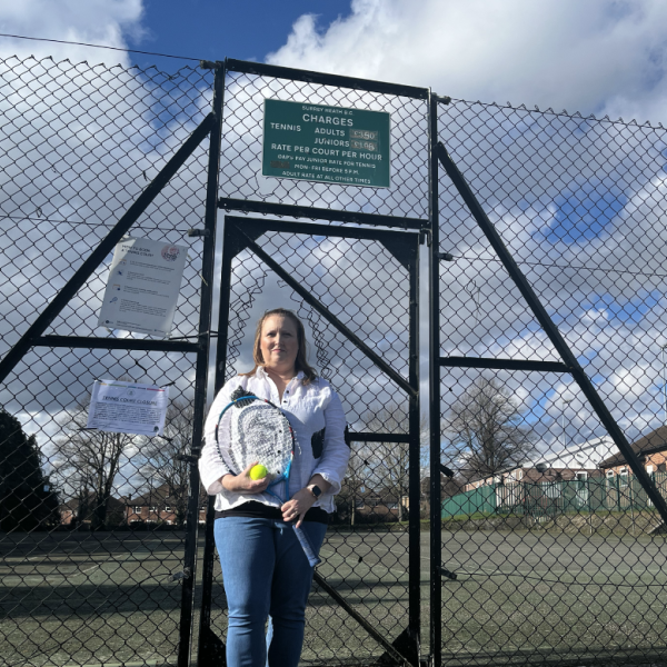 Cllr Rebecca Jennings-Evans at Frimley Green tennis courts