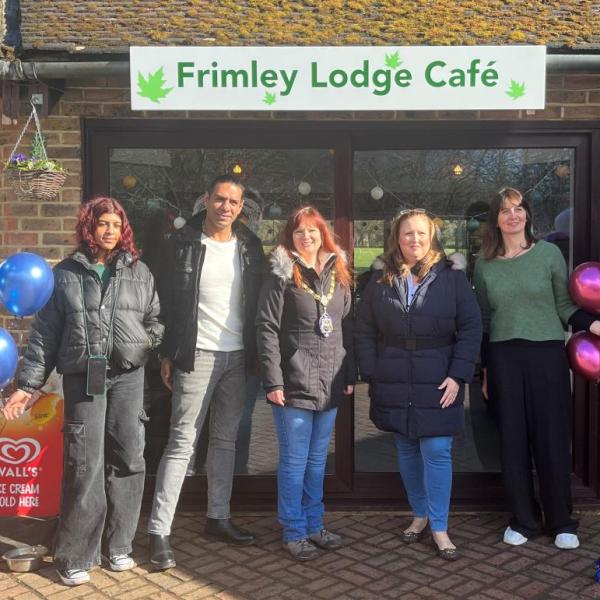 Cllr Helen Whitcroft and Cllr Rebecca Jennings-Evans and the management team of Frimley Park Café