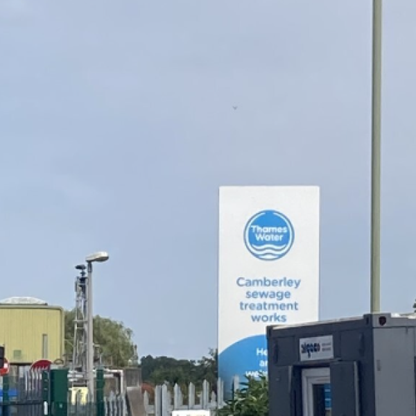 Sign with wording: Thames Water Camberley sewage treatment works