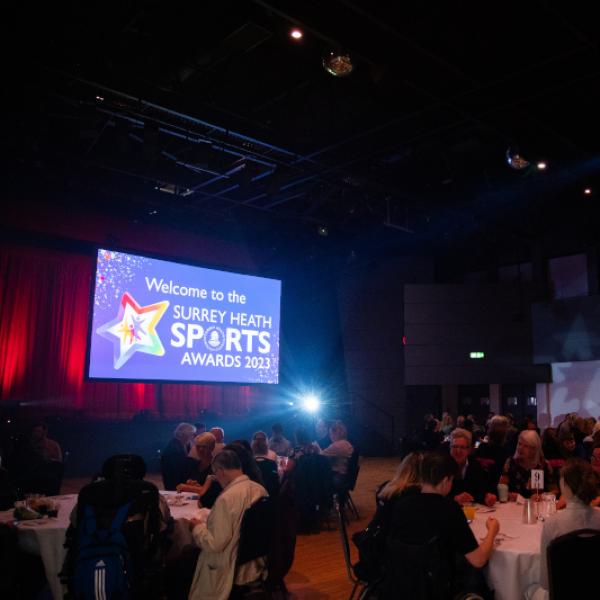 audience and stage at Camberley Theatre for the Sports Awards ceremony