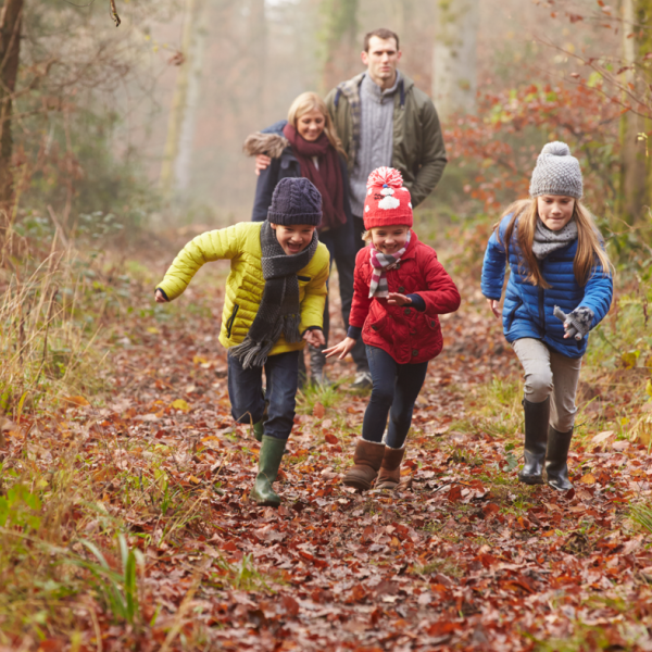 Family walking though woods