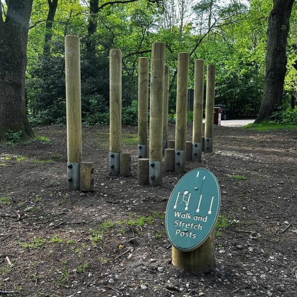 Wooden posts as part of a trim trail or outdoor exercise area