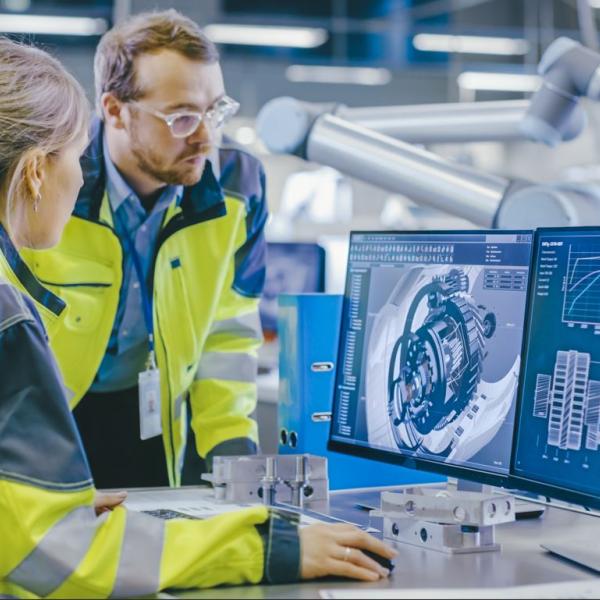 Two people in high vis jackets looking at diagram on a screen