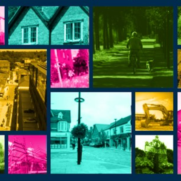 Collage of images of local spaces tinted in the council colours.