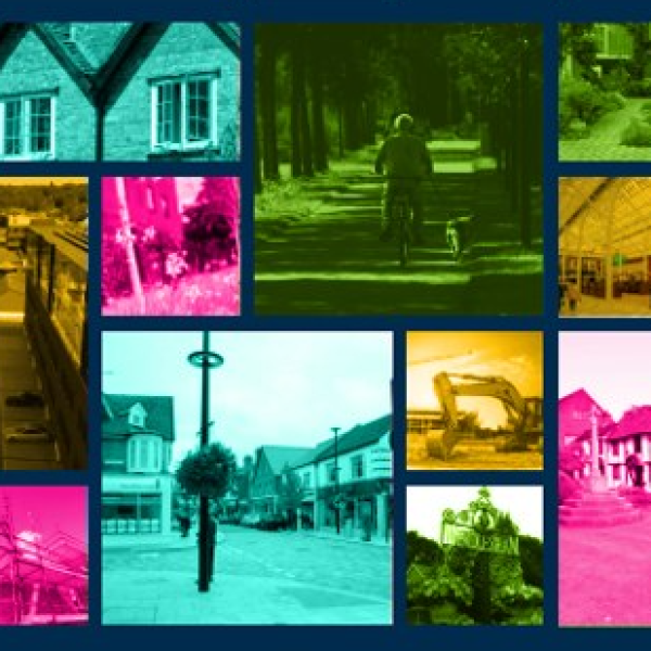 Collage of images of local spaces tinted in the council colours.