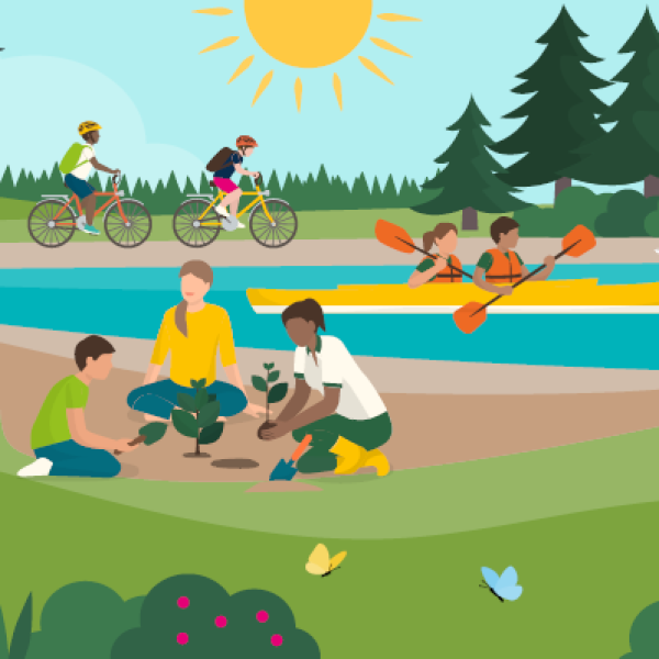 graphic of people doing summer activities in the countryside