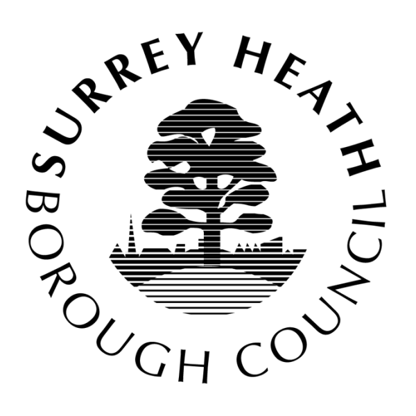 SHBC logo, black tree surrounded by the words Surrey Heath Borough Council in a circle