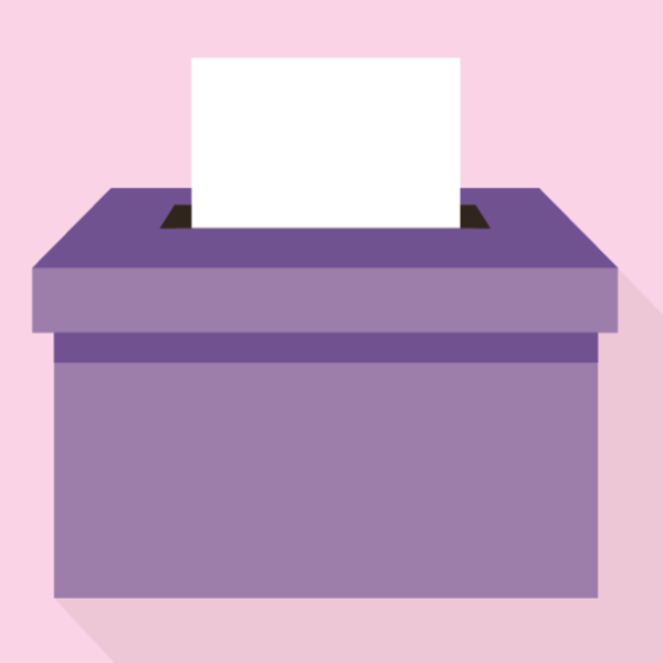 Light pink background, purple ballot box with white paper sticking out of the slot.