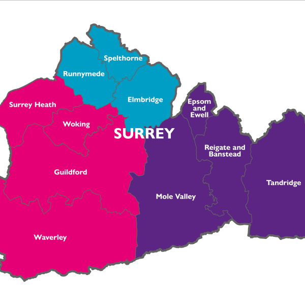Map of Surrey split into three coloured sections to reflect proposed 3 unitary structure