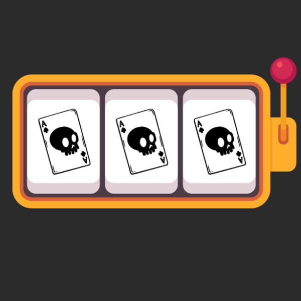 Black background, illustration of 'one arm bandit' gambling machine with three skull playing card images