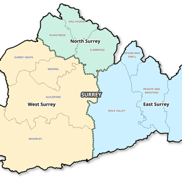 Map of Surrey split into three sections to reflect the proposed 3 unitary structure