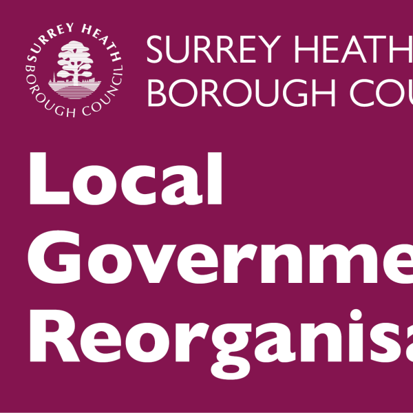 Surrey Heath Borough Council logo. White 'Local Government Reorganisation' wording on burgundy background