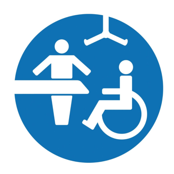 Blue circle with white icons of wheelchair hoist and table