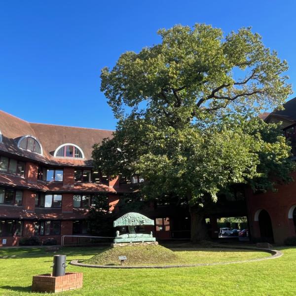 Exterior shot of Surrey Heath House with tree in foreground with blue sky