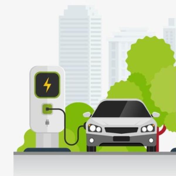 Illustration of 2 electric vehicles charging with trees and buildings in background
