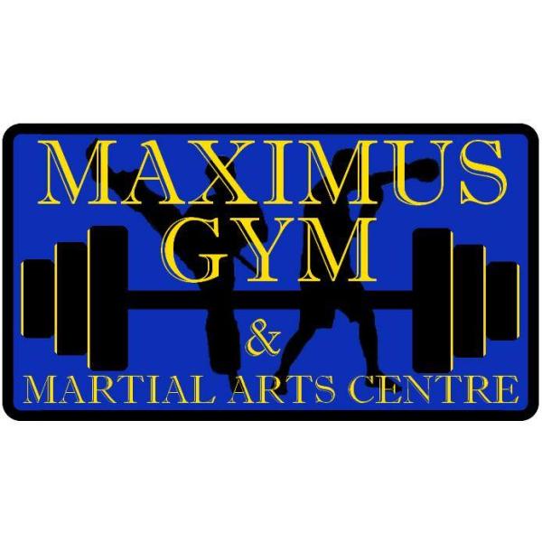 Blue logo with wording 'Maximus Gym & Martial Arts Centre' with dumbbell silhouette