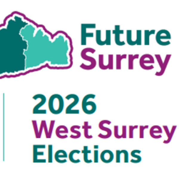 Map of Surrey split into 2 areas for West and East. Wording 'Future Surrey 2026 West Surrey Elections'