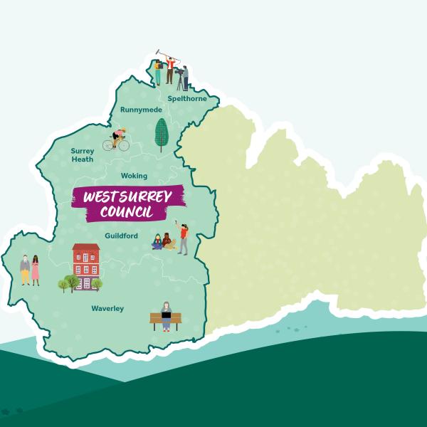 Map of Surrey with West Surrey highlighted. Wording: 'Future Surrey. 7 May 2026. West Surrey Elections'
