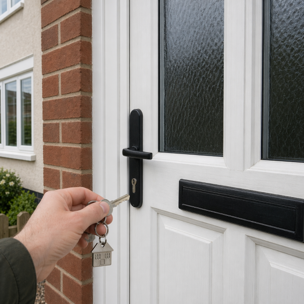 Hand putting key into lock on front door of house
