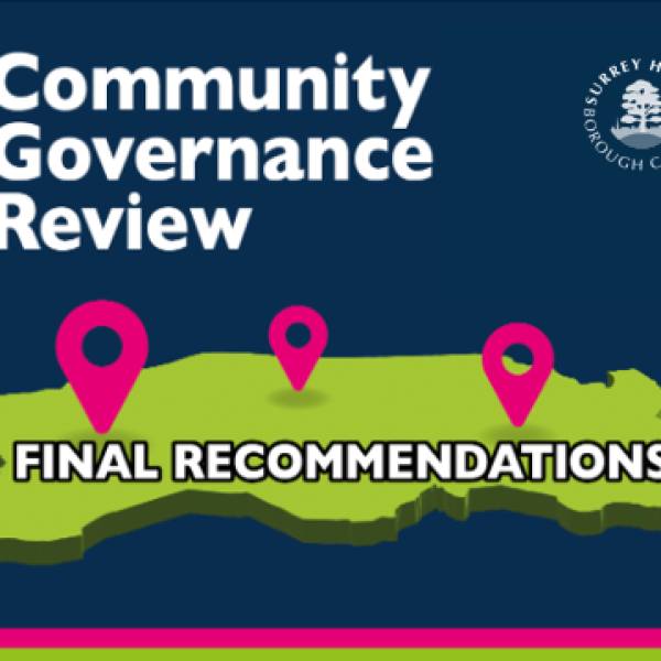 Wording 'Community Governance Review Final Recommendations' overlaid on map of Surrey Heath with SHBC logo top right