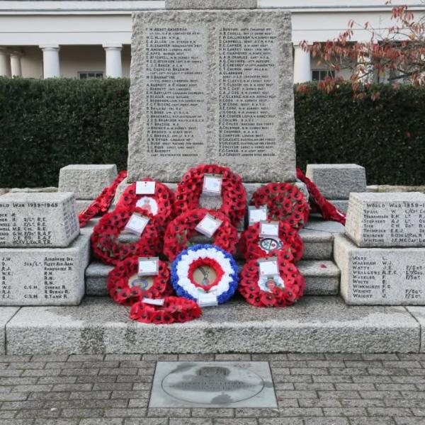 Camberley cenotaph with poppy wreaths laid