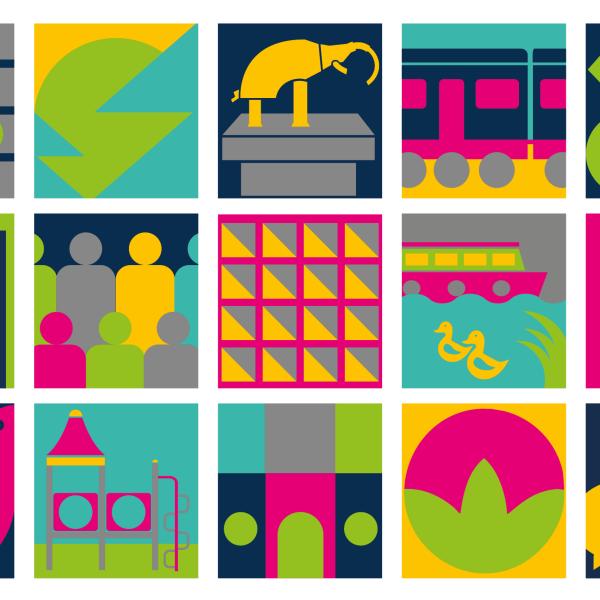 Grid of colourful icons and images representing aspects of planning in Surrey Heath