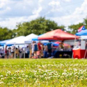 Stalls at a fete taking place in a sunny field
