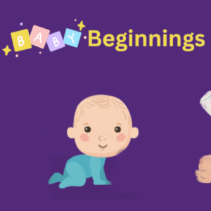 Baby Beginnings logo with three cartoon style happy babies